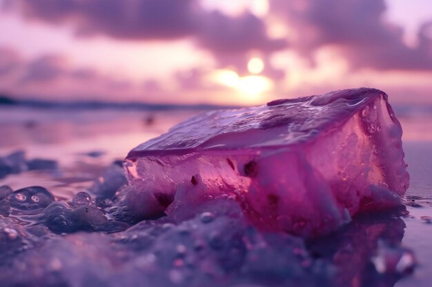 Pink ice cube on the beach at sunset beautiful photo digital picture