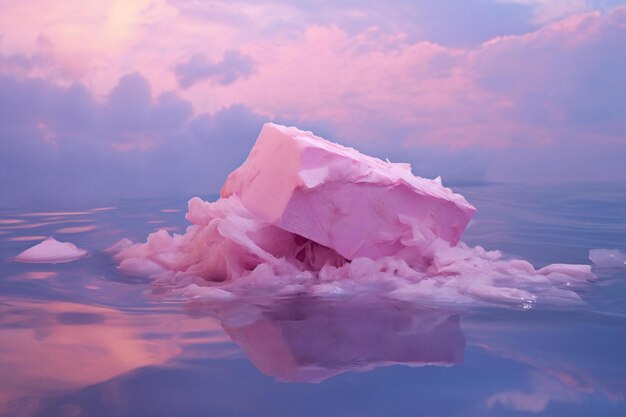 Pink ice in the sea with reflection of clouds on the water