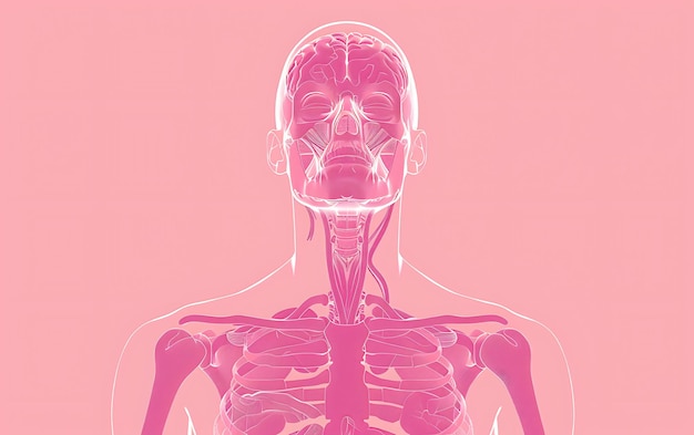розовая иллюстрация человеческой головы с костями, обозначенными