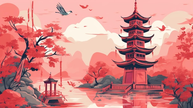 A pink illustration of a japanese pagoda and a pagoda.