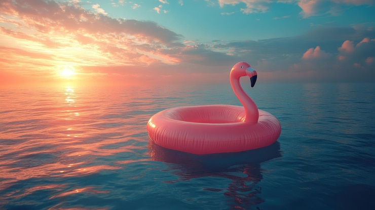 Photo a pink inflatable flamingo floats on a calm ocean at sunset