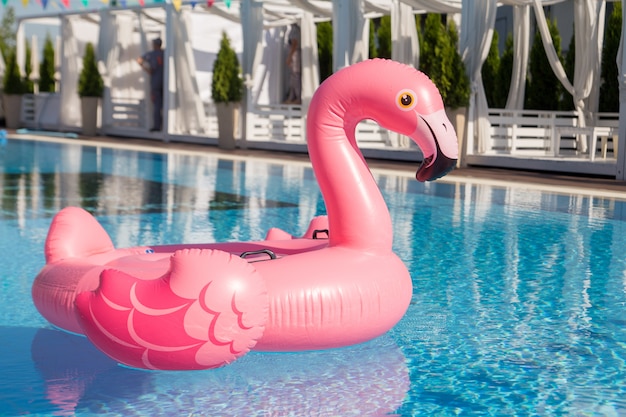 Pink inflatable flamingos float in the pool