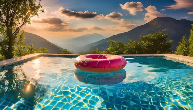 A pink inflatable ring floats on top of a pool