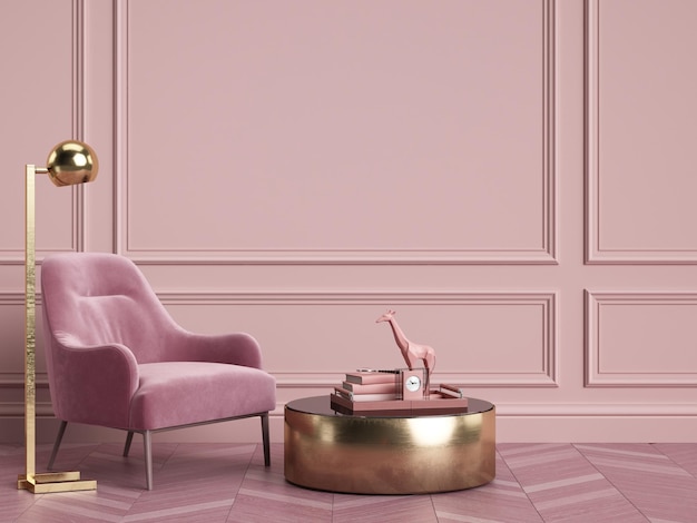 Pink interior conceptClassic furniture in classic interior with copy spaceWalls with ornated mouldingsFloor parquetDigital Illustration3d rendering