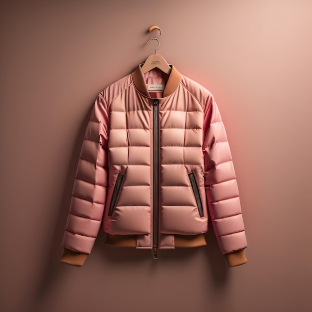 A pink jacket with a pink lining hangs on a wall.