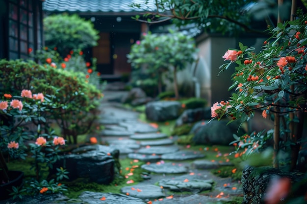 pink japanese blooming garden spring concept