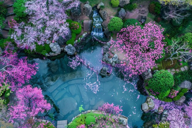 분홍색 일본 꽃이 피는 정원 봄 개념