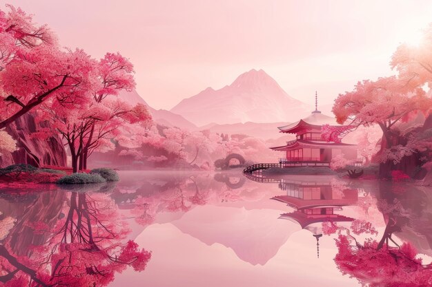 pink japanese blooming garden spring concept