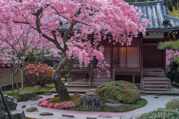 pink japanese blooming garden spring concept