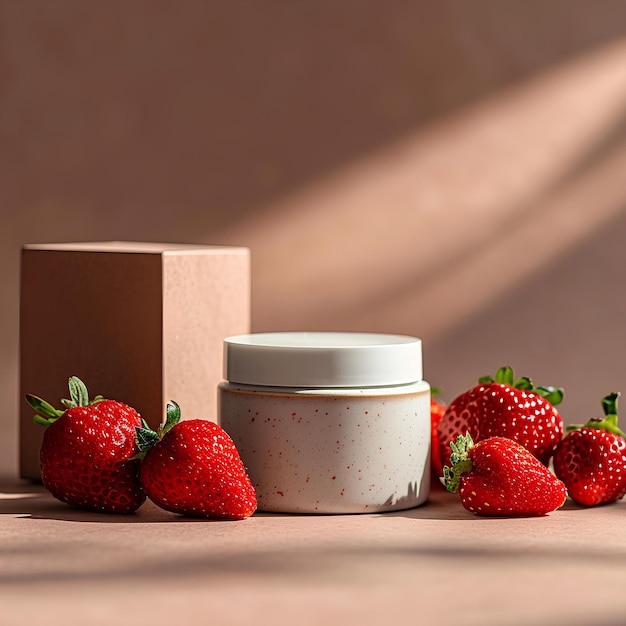 A pink jar of beauty product on a light brown carpet alongside strawberries