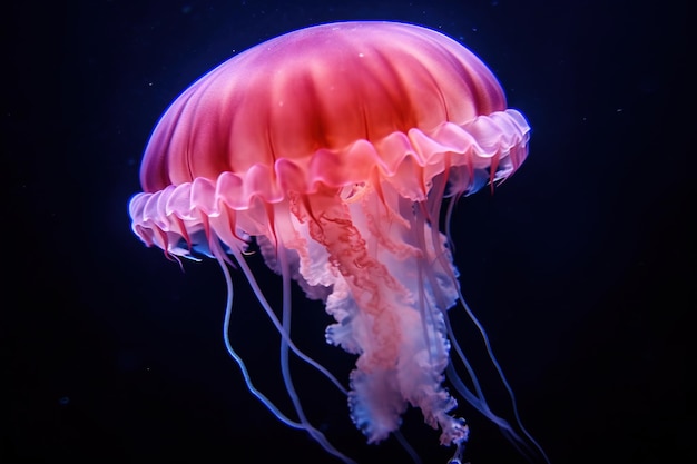 A pink jellyfish is floating in the water.