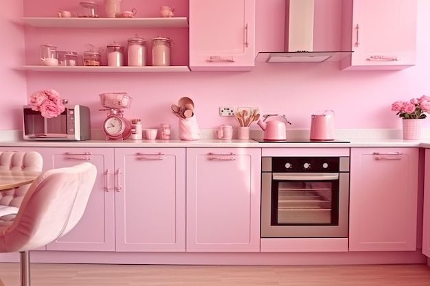 Pink Kitchen Interior with Pink walls AI Generated