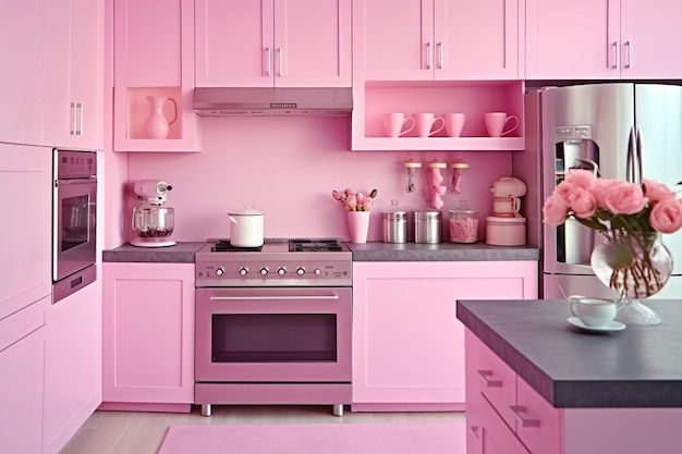 Pink Kitchen Interior with Pink walls AI Generated