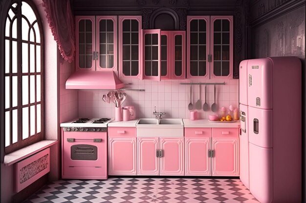 A pink kitchen with a black floor and a pink kitchen with a pink fridge.