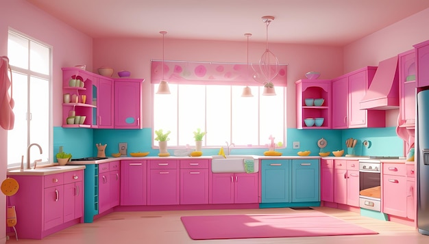 a pink kitchen with a blue and pink cabinet with a pink rug on it