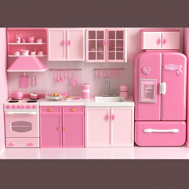 A pink kitchen with a fridge and stove and a fridge.