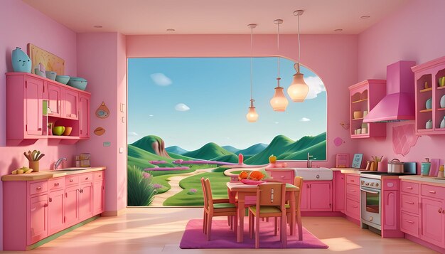 Photo a pink kitchen with a painting of a house with a garden and mountains.