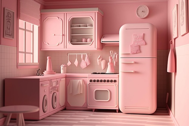 A pink kitchen with a pink fridge and a clock on the wall.