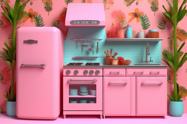 A pink kitchen with a pink fridge and a stove with the door open.