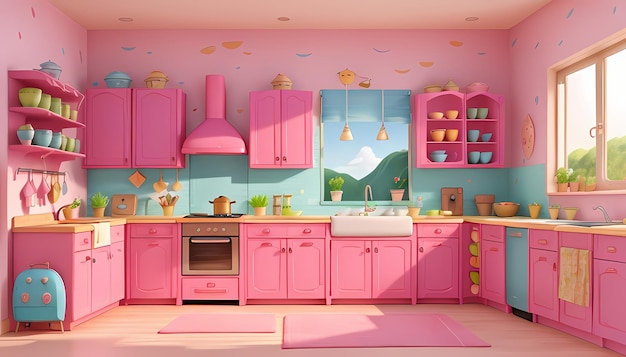 Photo a pink kitchen with a pink kitchen island.