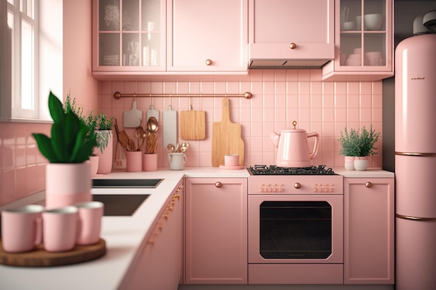 A pink kitchen with a pink oven and a wooden cutting board.