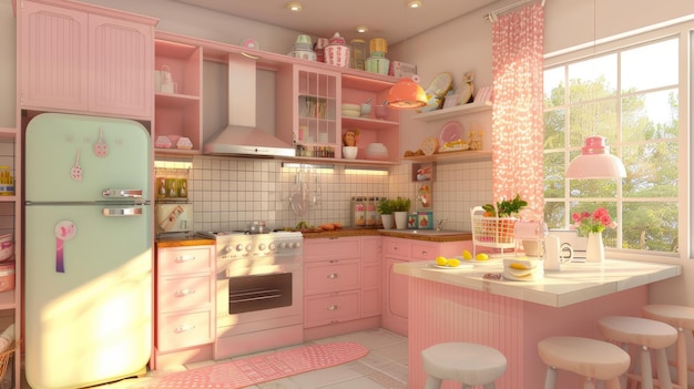 A pink kitchen with a refrigerator oven and sink