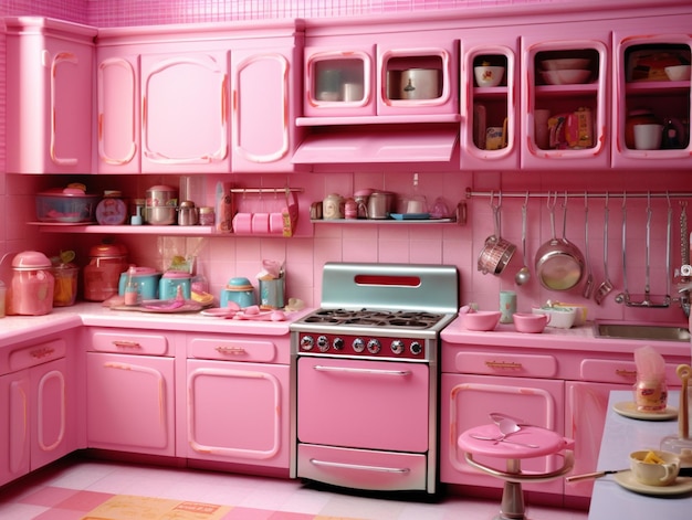 A pink kitchen with a stove and pans on the shelf