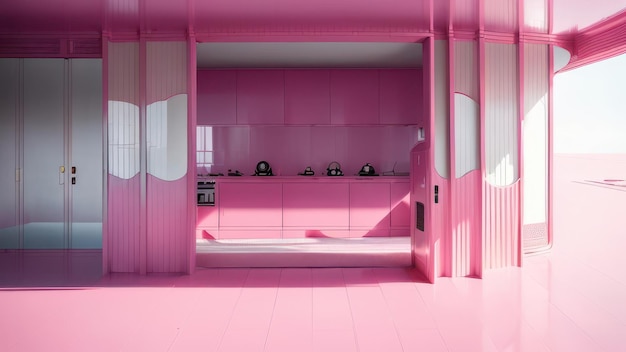 A pink kitchen with a white wall and a black counter with a black countertop and a white wall with a black and white pattern.