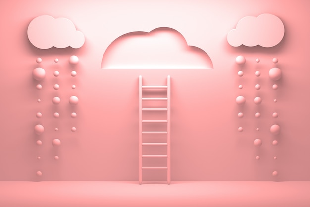 Photo pink ladder leading to a clear sky with clouds and falling rain