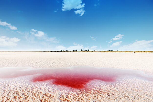 Pink lake and sandy beach with a sea bay under a blue sky with clouds