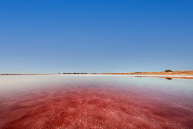 Pink lake and sandy beach with a sea bay under a blue sky with clouds