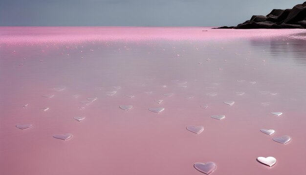 Photo a pink lake with hearts on it and the pink water in the background