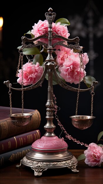 Photo a pink lamp with a silver chain and a pink and white flower on it