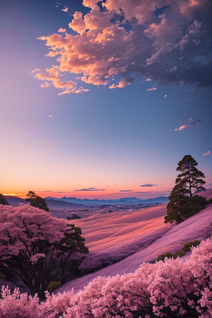 Pink land at sunset