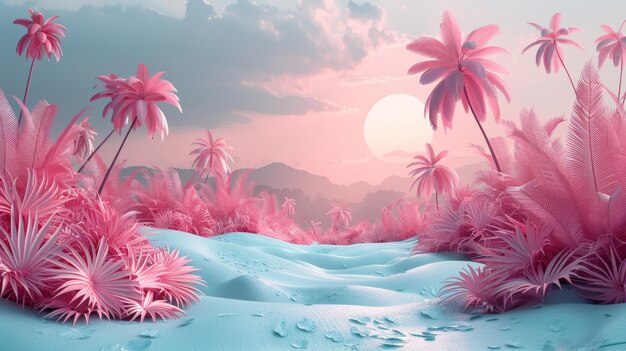 Photo pink landscape with palm trees generative ai