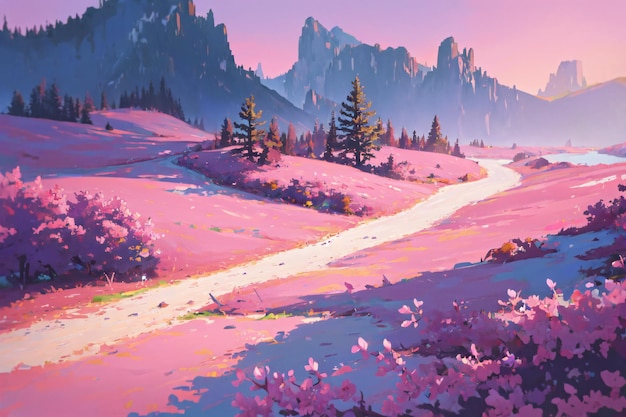 A pink landscape with a path leading to mountains.