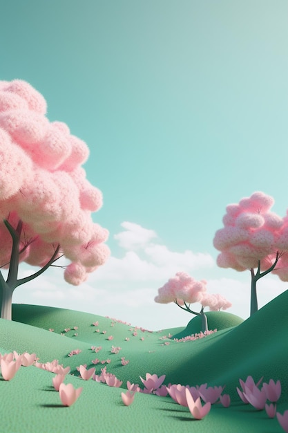 A pink landscape with trees and clouds