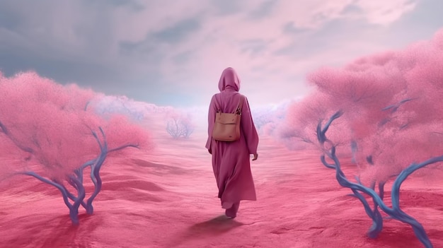 A pink landscape with a woman walking away from the camera.