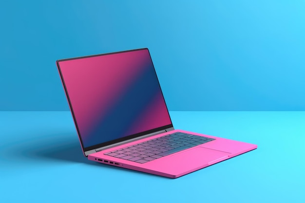 Pink laptop on blue background AI