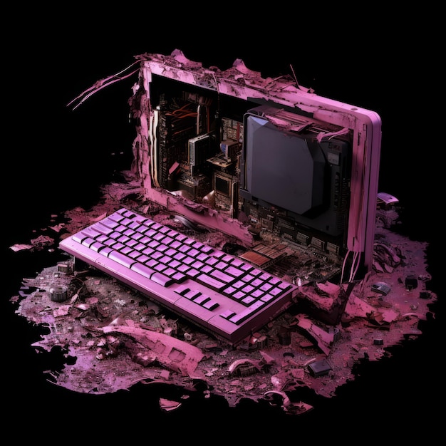 a pink laptop computer sitting on the ground with a broken keyboard