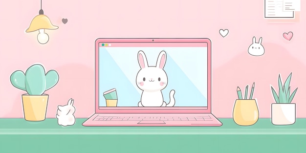 Photo pink laptop with cute cartoon bunny on screen