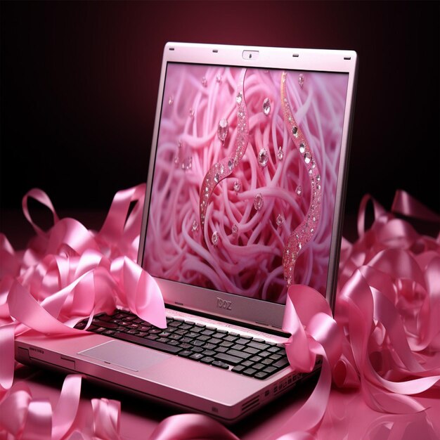 Pink laptop with pink background