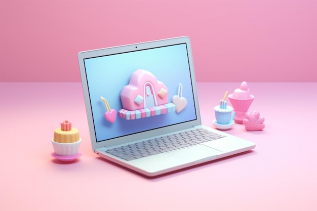 a pink laptop with a pink cloud on the screen