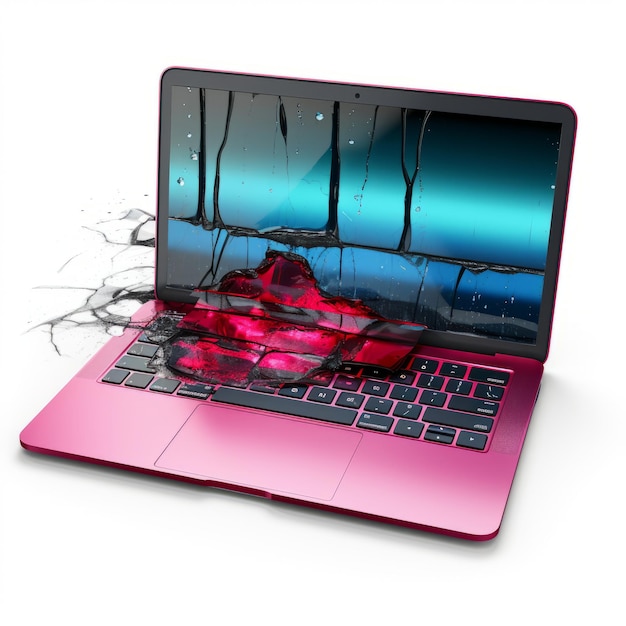 Photo a pink laptop with a splash of water on it