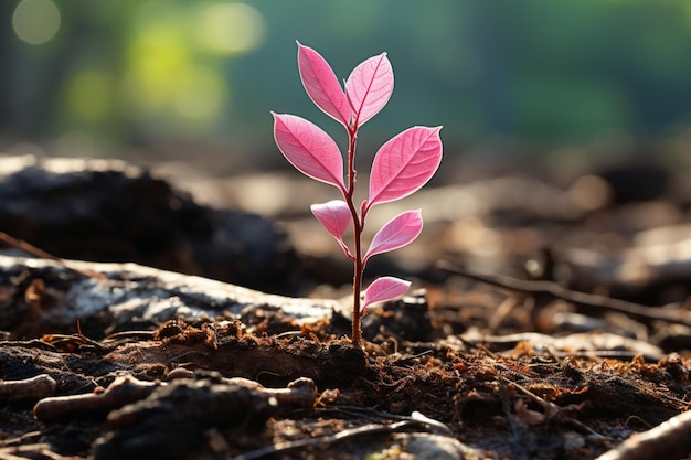 Pink leaf emerges amid blurred green surroundings embodying a serene and delicate theme