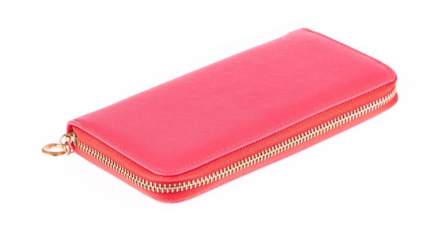 pink leather large zipped wallet long isolated on white background