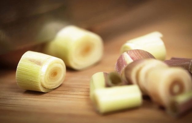 Pink lemongrass on a chopping board