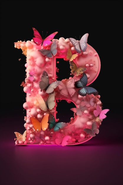 A pink letter b with butterflies and butterflies on a black background.