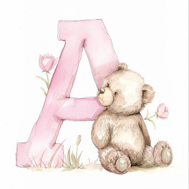 Photo a pink letter a and a bear are sitting in the grass with tulips