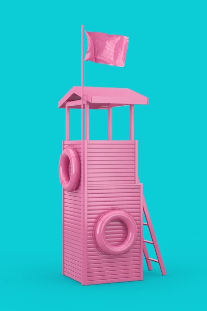 Pink lifeguard tower come stile bicolore su sfondo blu. rendering 3d